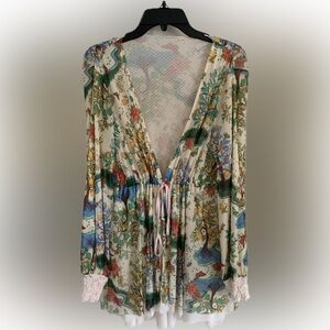 We are HAH make it a double printed mesh lace trim robe tie front with pockets L